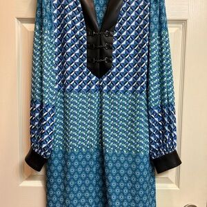 Hale Bob Blue and Green Patterned Top with Black Faux Leather Detail